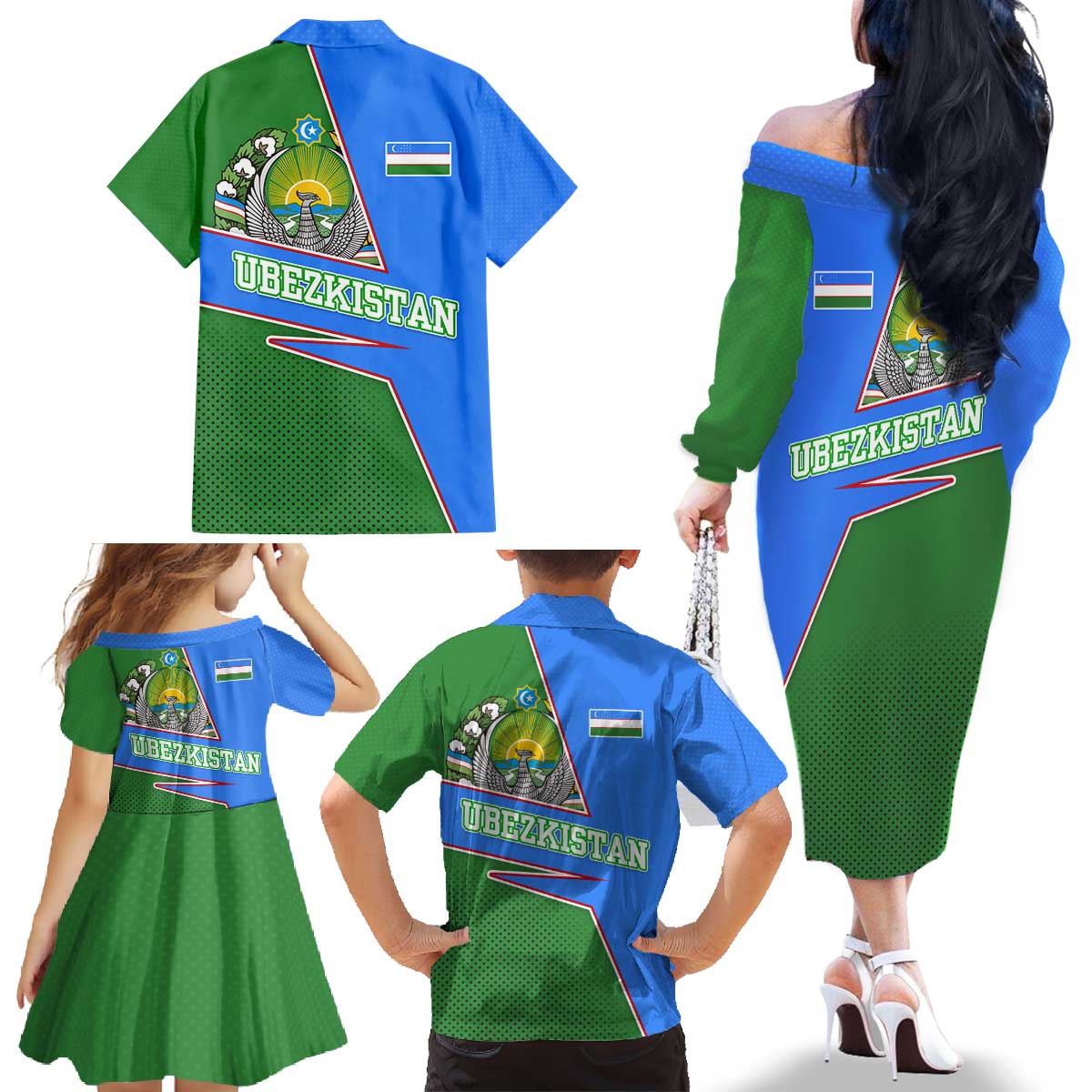 Uzbekistan Family Matching Off The Shoulder Long Sleeve Dress and Hawaiian Shirt with National Coat of Arms and Modern Gradient Design - Wonder Print Shop