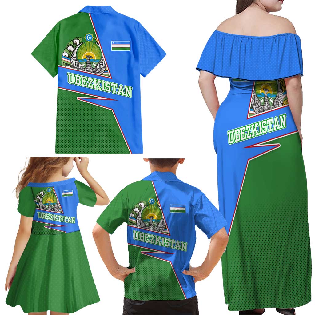 Uzbekistan Family Matching Off Shoulder Maxi Dress and Hawaiian Shirt with National Coat of Arms and Modern Gradient Design - Wonder Print Shop