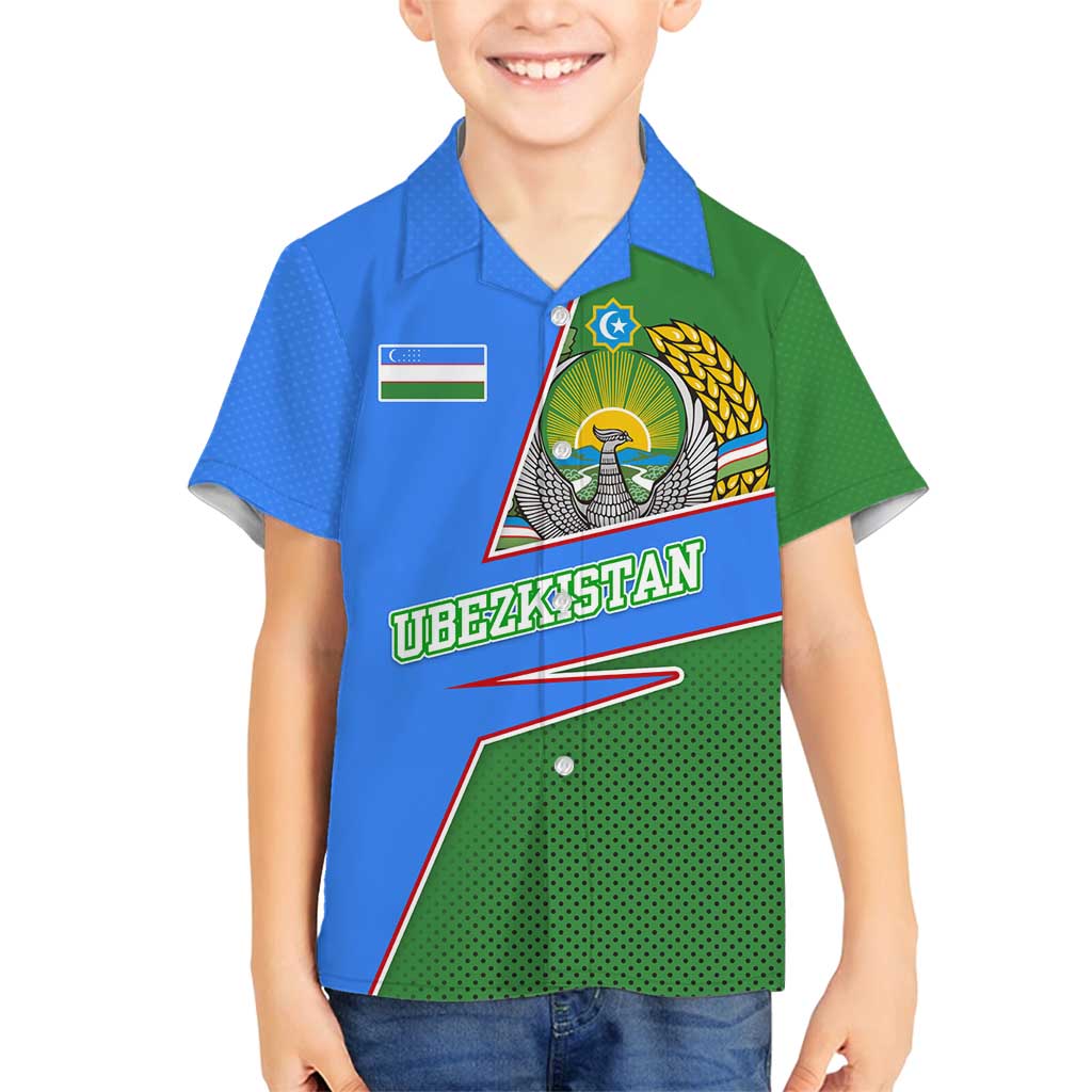 Uzbekistan Family Matching Off Shoulder Maxi Dress and Hawaiian Shirt with National Coat of Arms and Modern Gradient Design - Wonder Print Shop