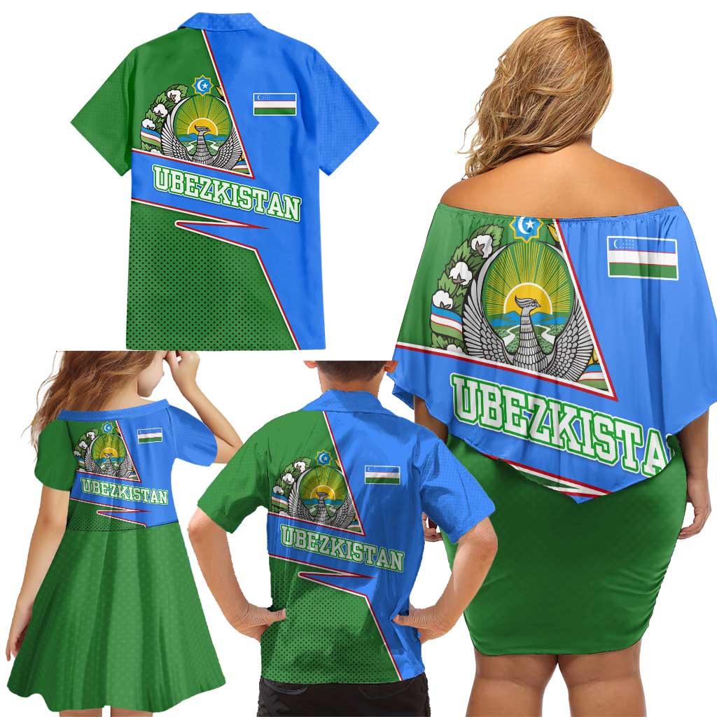 Uzbekistan Family Matching Off Shoulder Short Dress and Hawaiian Shirt with National Coat of Arms and Modern Gradient Design - Wonder Print Shop