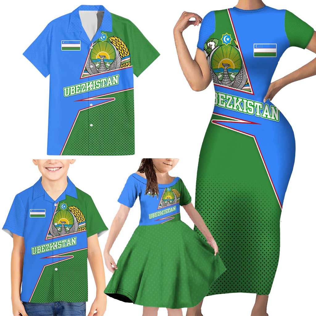 Uzbekistan Family Matching Short Sleeve Bodycon Dress and Hawaiian Shirt with National Coat of Arms and Modern Gradient Design - Wonder Print Shop
