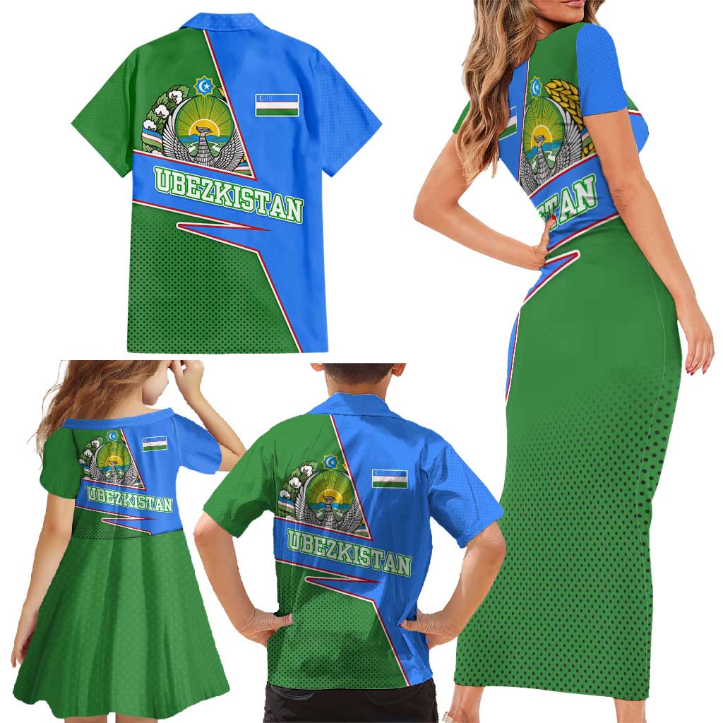 Uzbekistan Family Matching Short Sleeve Bodycon Dress and Hawaiian Shirt with National Coat of Arms and Modern Gradient Design - Wonder Print Shop