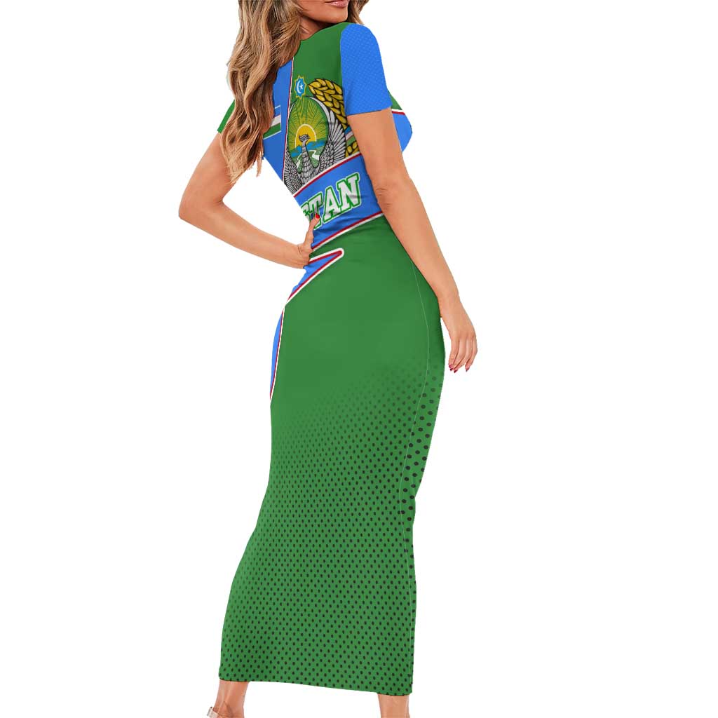 Uzbekistan Family Matching Short Sleeve Bodycon Dress and Hawaiian Shirt with National Coat of Arms and Modern Gradient Design - Wonder Print Shop