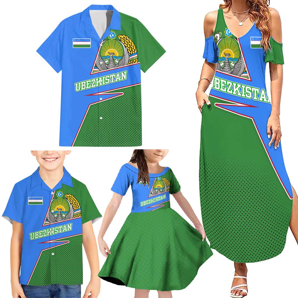 Uzbekistan Family Matching Summer Maxi Dress and Hawaiian Shirt with National Coat of Arms and Modern Gradient Design - Wonder Print Shop