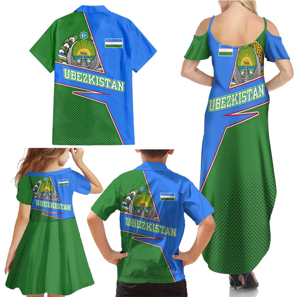Uzbekistan Family Matching Summer Maxi Dress and Hawaiian Shirt with National Coat of Arms and Modern Gradient Design - Wonder Print Shop