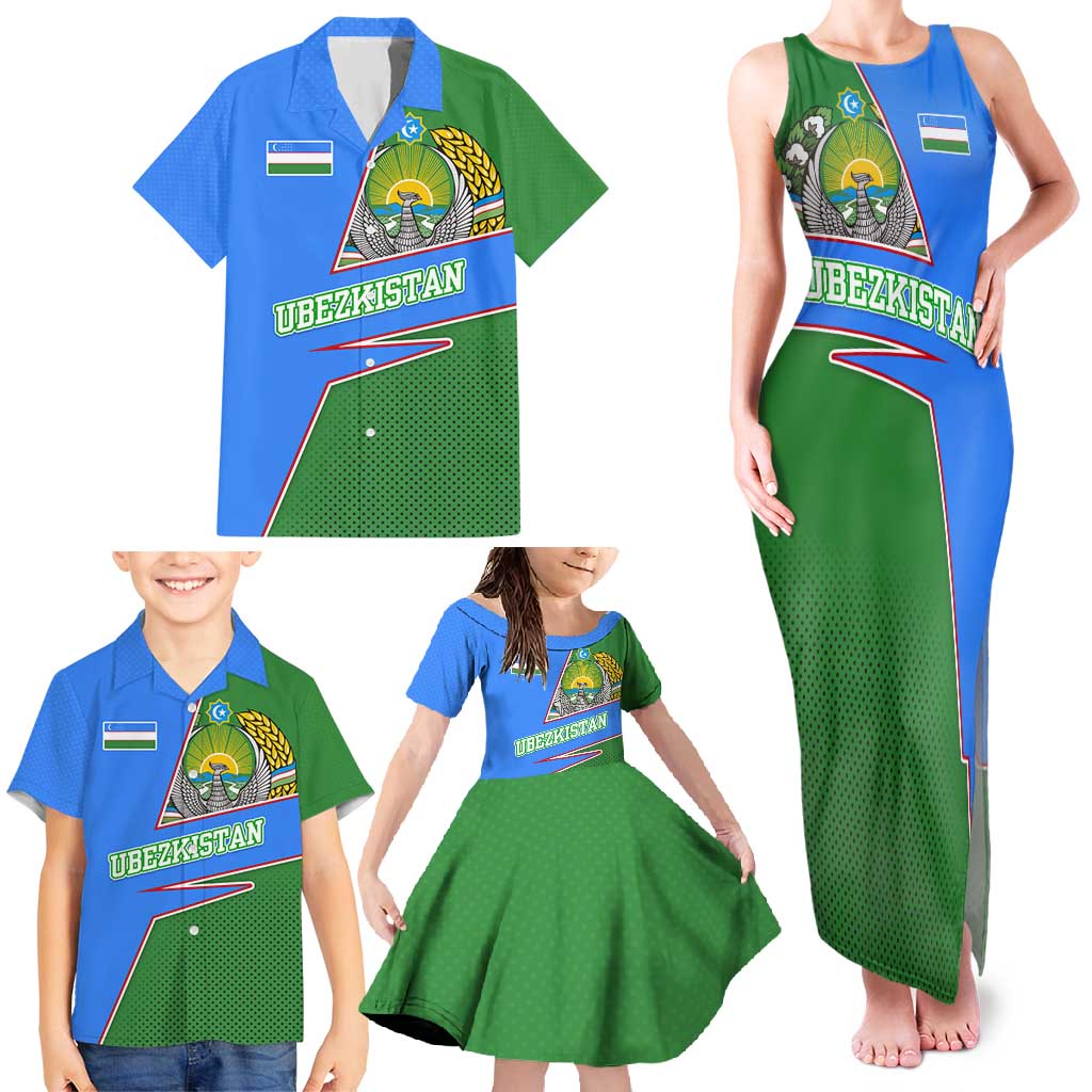 Uzbekistan Family Matching Tank Maxi Dress and Hawaiian Shirt with National Coat of Arms and Modern Gradient Design - Wonder Print Shop