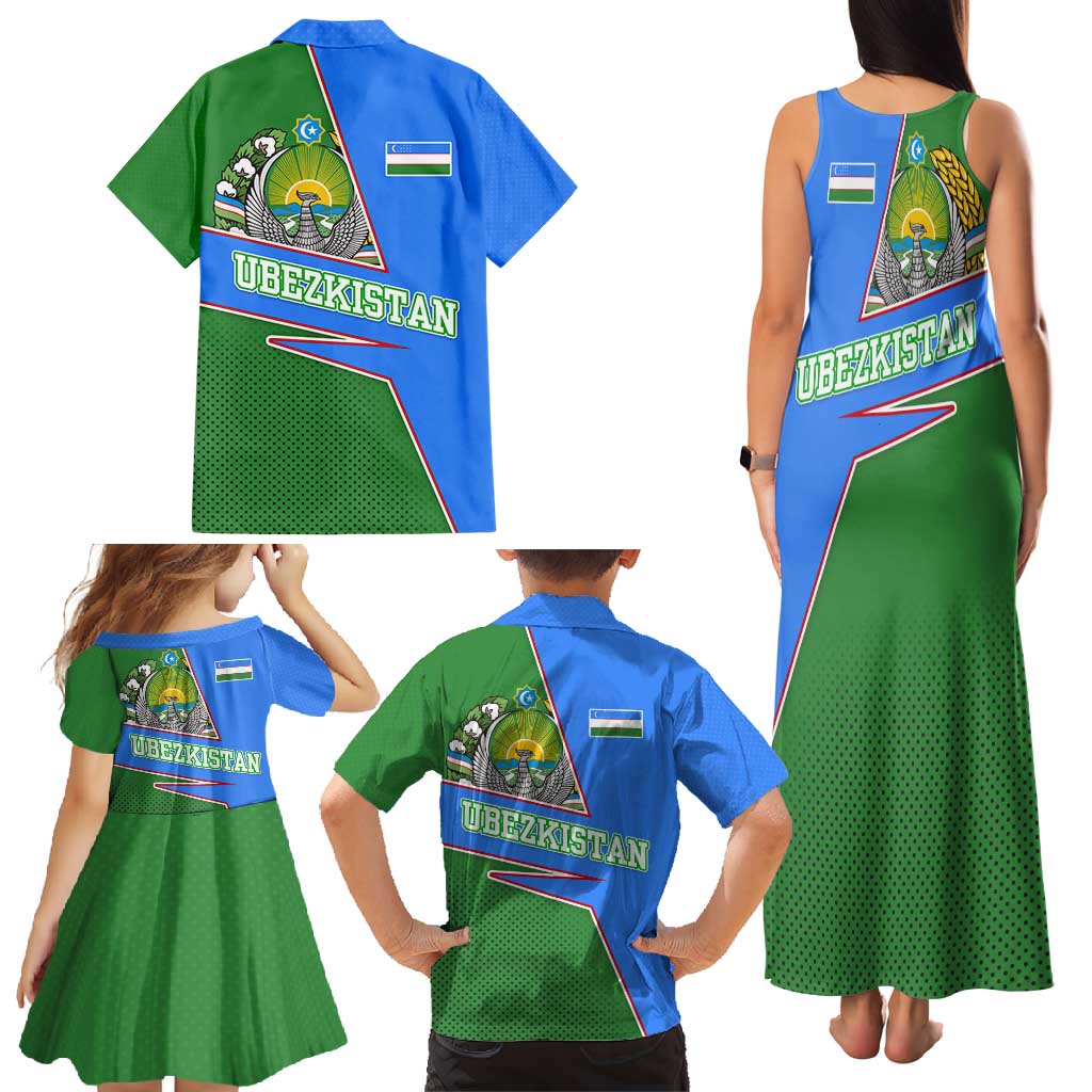 Uzbekistan Family Matching Tank Maxi Dress and Hawaiian Shirt with National Coat of Arms and Modern Gradient Design - Wonder Print Shop