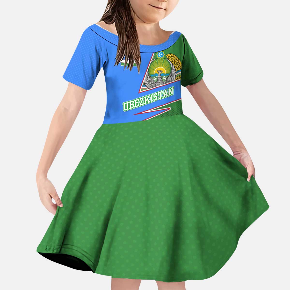 Uzbekistan Kid Short Sleeve Dress with National Coat of Arms and Modern Gradient Design - Wonder Print Shop