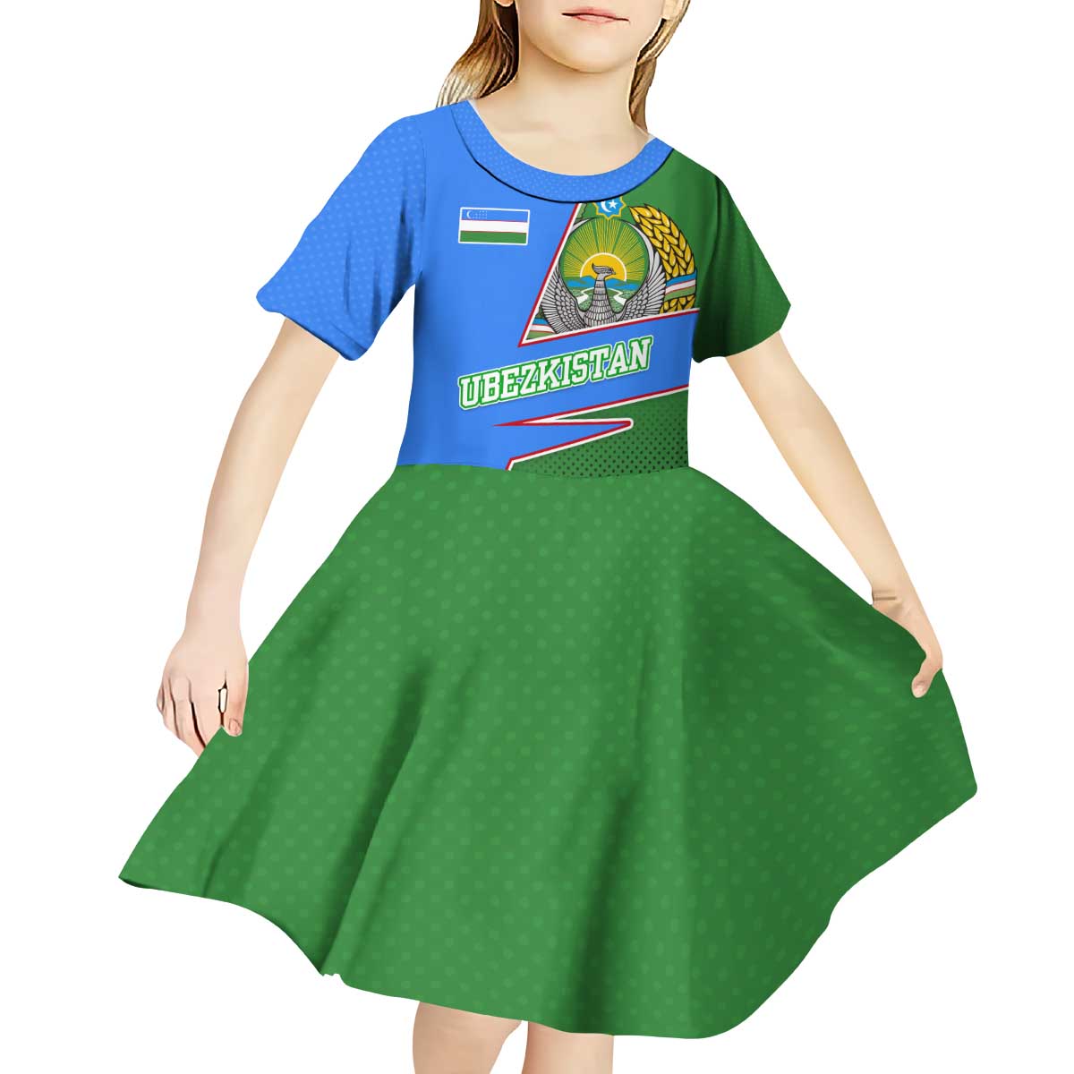 Uzbekistan Kid Short Sleeve Dress with National Coat of Arms and Modern Gradient Design - Wonder Print Shop