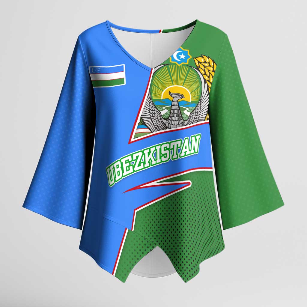 Uzbekistan Kimono Sleeve Blouse with National Coat of Arms and Modern Gradient Design - Wonder Print Shop
