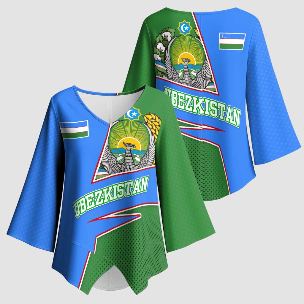 Uzbekistan Kimono Sleeve Blouse with National Coat of Arms and Modern Gradient Design - Wonder Print Shop