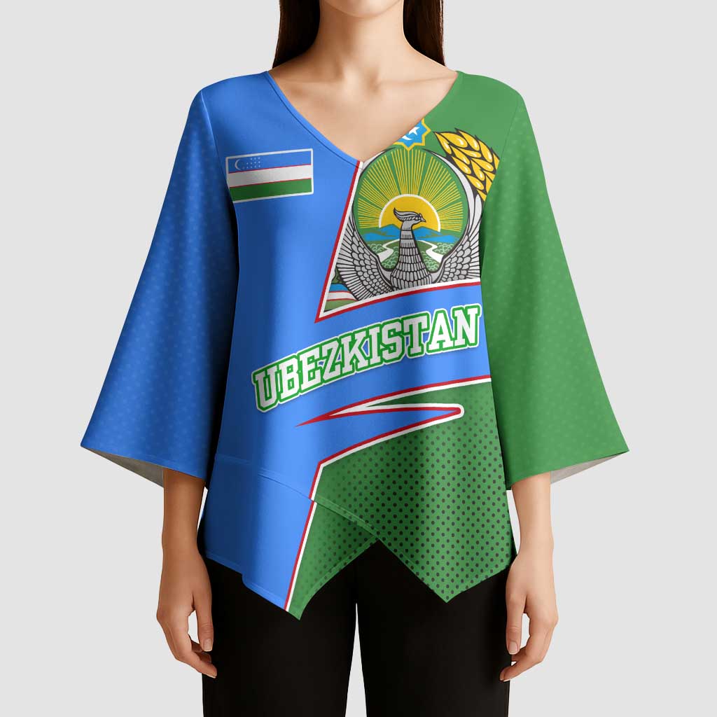 Uzbekistan Kimono Sleeve Blouse with National Coat of Arms and Modern Gradient Design - Wonder Print Shop