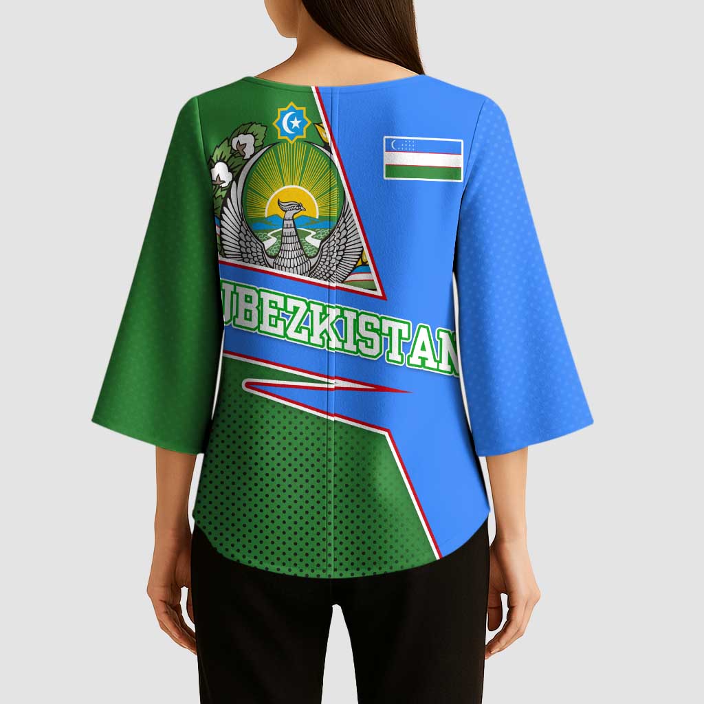 Uzbekistan Kimono Sleeve Blouse with National Coat of Arms and Modern Gradient Design - Wonder Print Shop