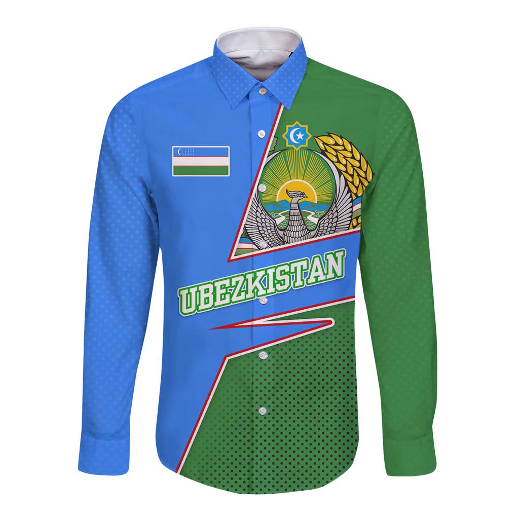 Uzbekistan Long Sleeve Button Shirt with National Coat of Arms and Modern Gradient Design - Wonder Print Shop