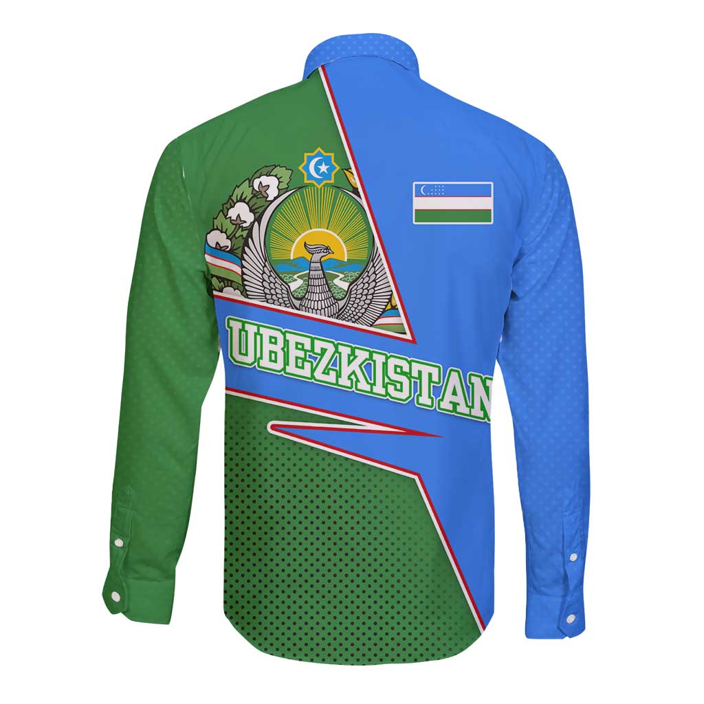 Uzbekistan Long Sleeve Button Shirt with National Coat of Arms and Modern Gradient Design - Wonder Print Shop