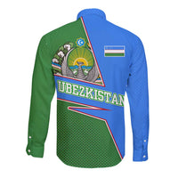 Uzbekistan Long Sleeve Button Shirt with National Coat of Arms and Modern Gradient Design - Wonder Print Shop