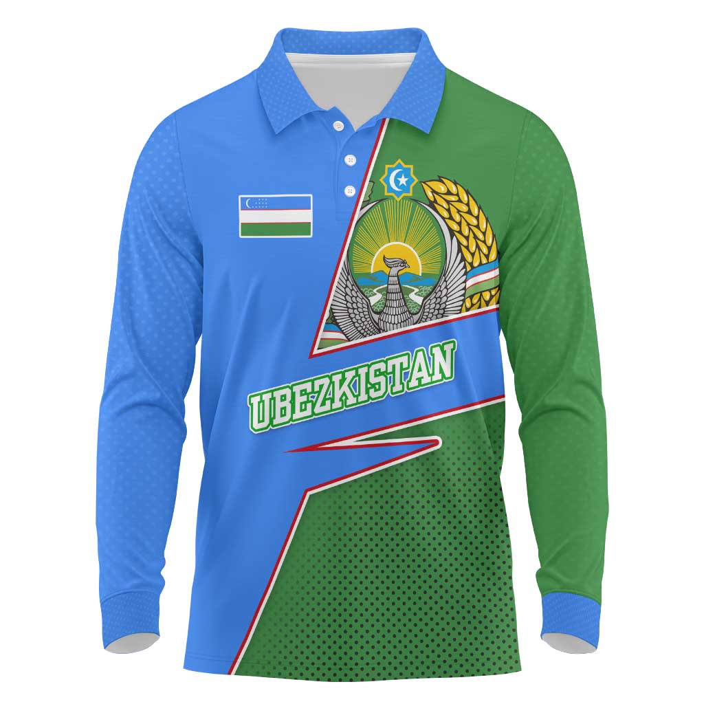 Uzbekistan Long Sleeve Polo Shirt with National Coat of Arms and Modern Gradient Design - Wonder Print Shop