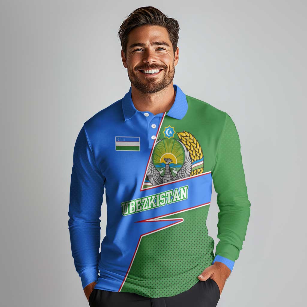 Uzbekistan Long Sleeve Polo Shirt with National Coat of Arms and Modern Gradient Design - Wonder Print Shop