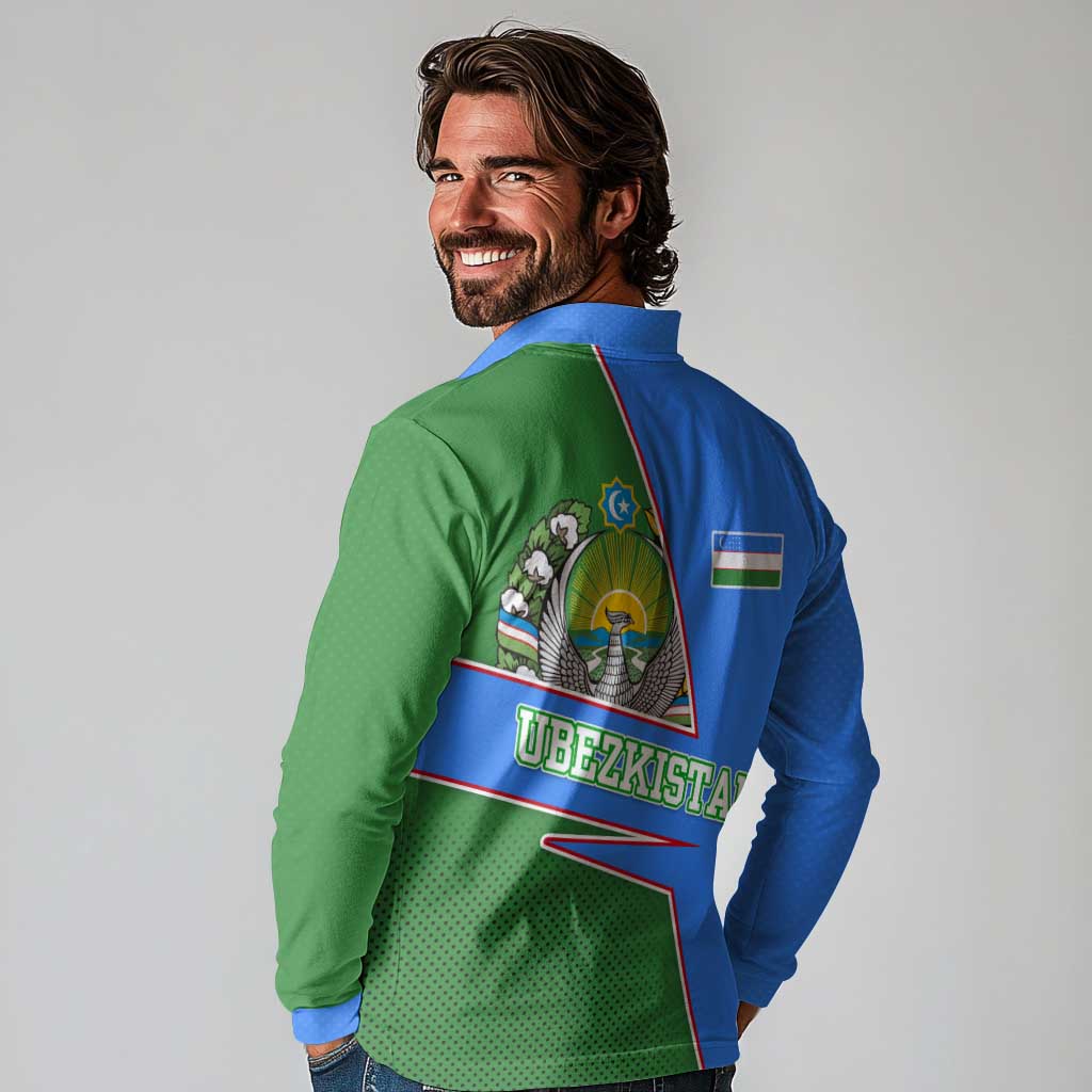 Uzbekistan Long Sleeve Polo Shirt with National Coat of Arms and Modern Gradient Design - Wonder Print Shop