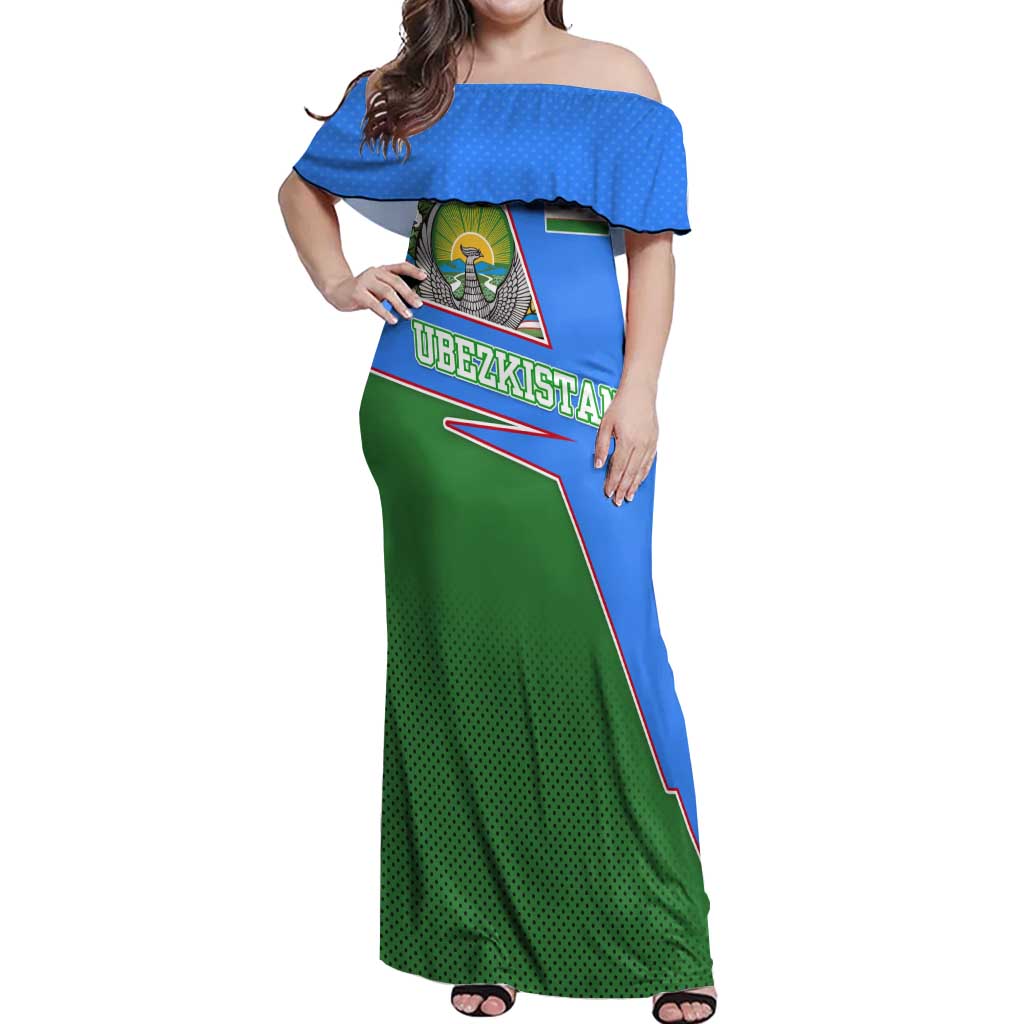 Uzbekistan Off Shoulder Maxi Dress with National Coat of Arms and Modern Gradient Design - Wonder Print Shop