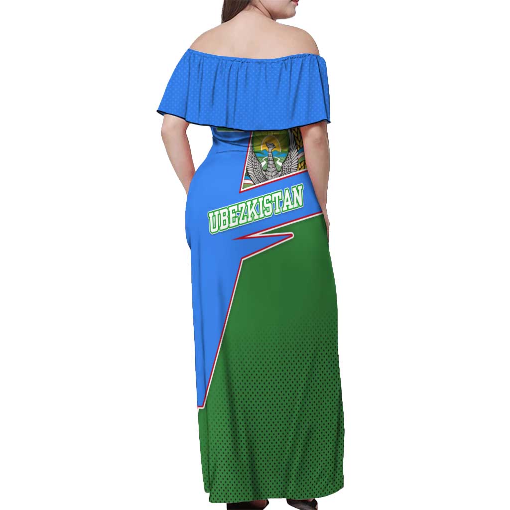 Uzbekistan Off Shoulder Maxi Dress with National Coat of Arms and Modern Gradient Design - Wonder Print Shop