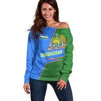 Uzbekistan Off Shoulder Sweater with National Coat of Arms and Modern Gradient Design - Wonder Print Shop