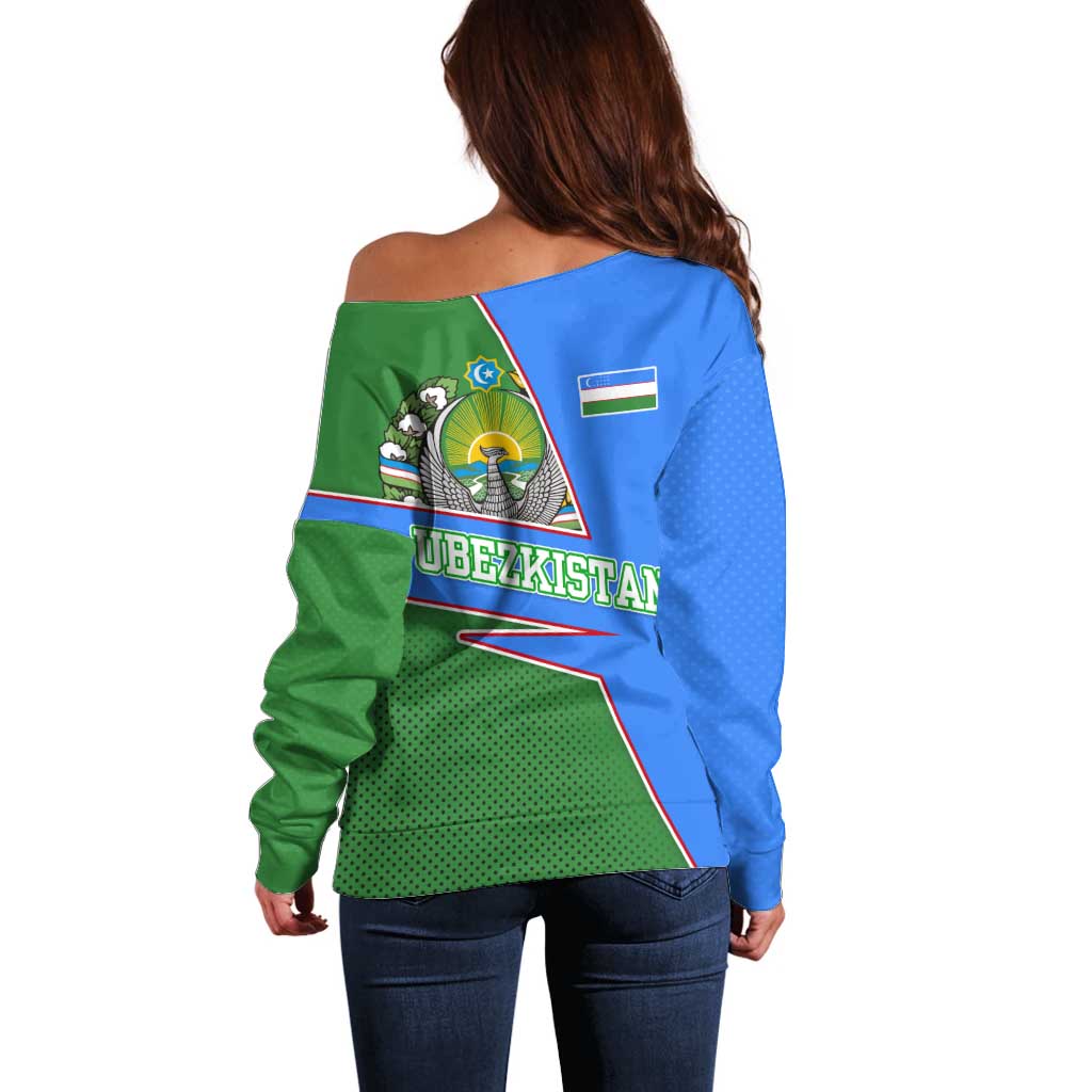 Uzbekistan Off Shoulder Sweater with National Coat of Arms and Modern Gradient Design - Wonder Print Shop