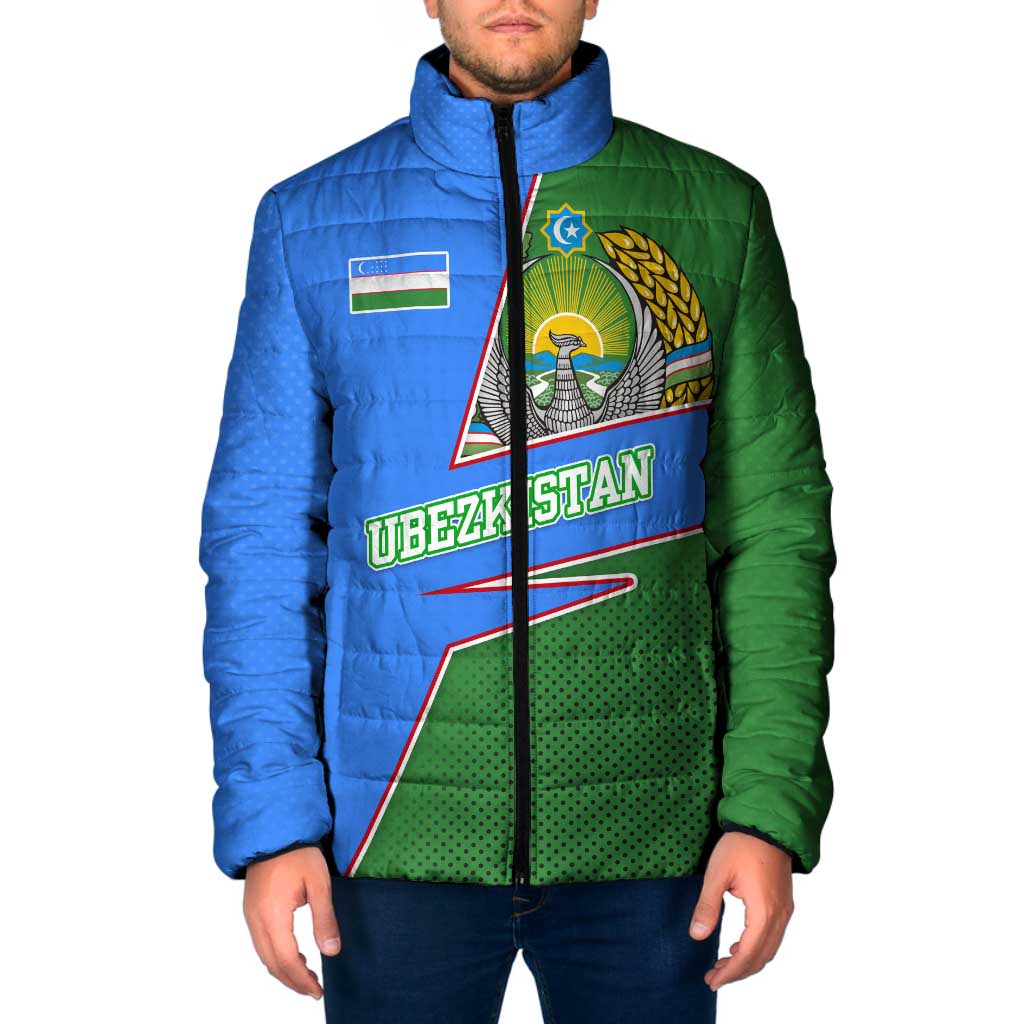 Uzbekistan Padded Jacket with National Coat of Arms and Modern Gradient Design - Wonder Print Shop