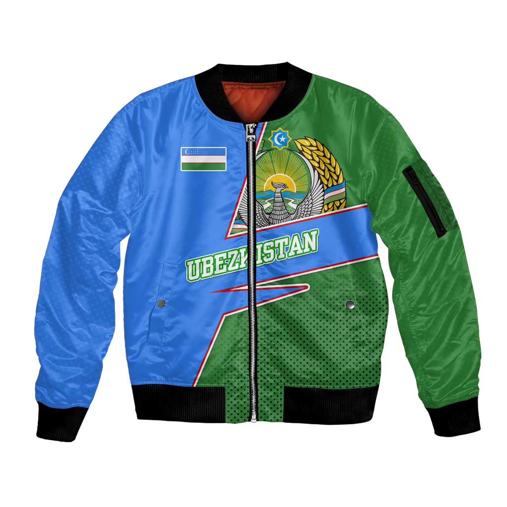 Uzbekistan Sleeve Zip Bomber Jacket with National Coat of Arms and Modern Gradient Design - Wonder Print Shop