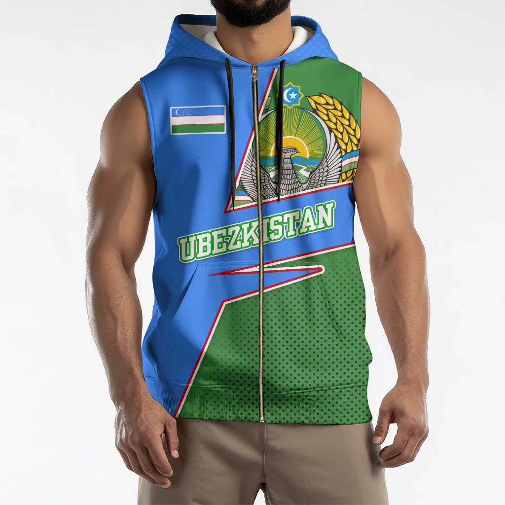 Uzbekistan Sleeveless Zip Hoodie with National Coat of Arms and Modern Gradient Design - Wonder Print Shop