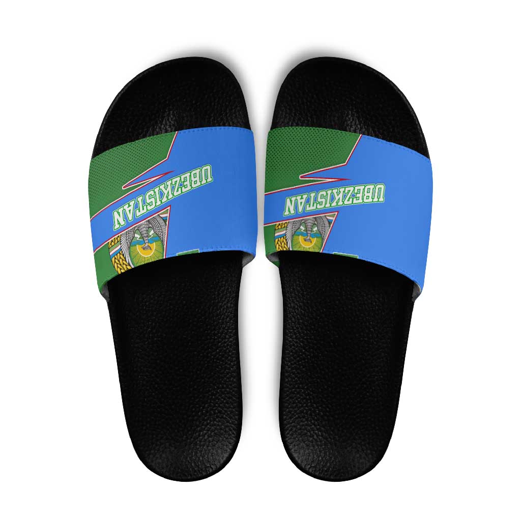 Uzbekistan Slide Sandals with National Coat of Arms and Modern Gradient Design - Wonder Print Shop