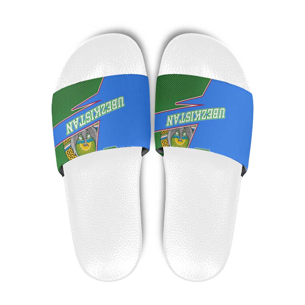 Uzbekistan Slide Sandals with National Coat of Arms and Modern Gradient Design - Wonder Print Shop
