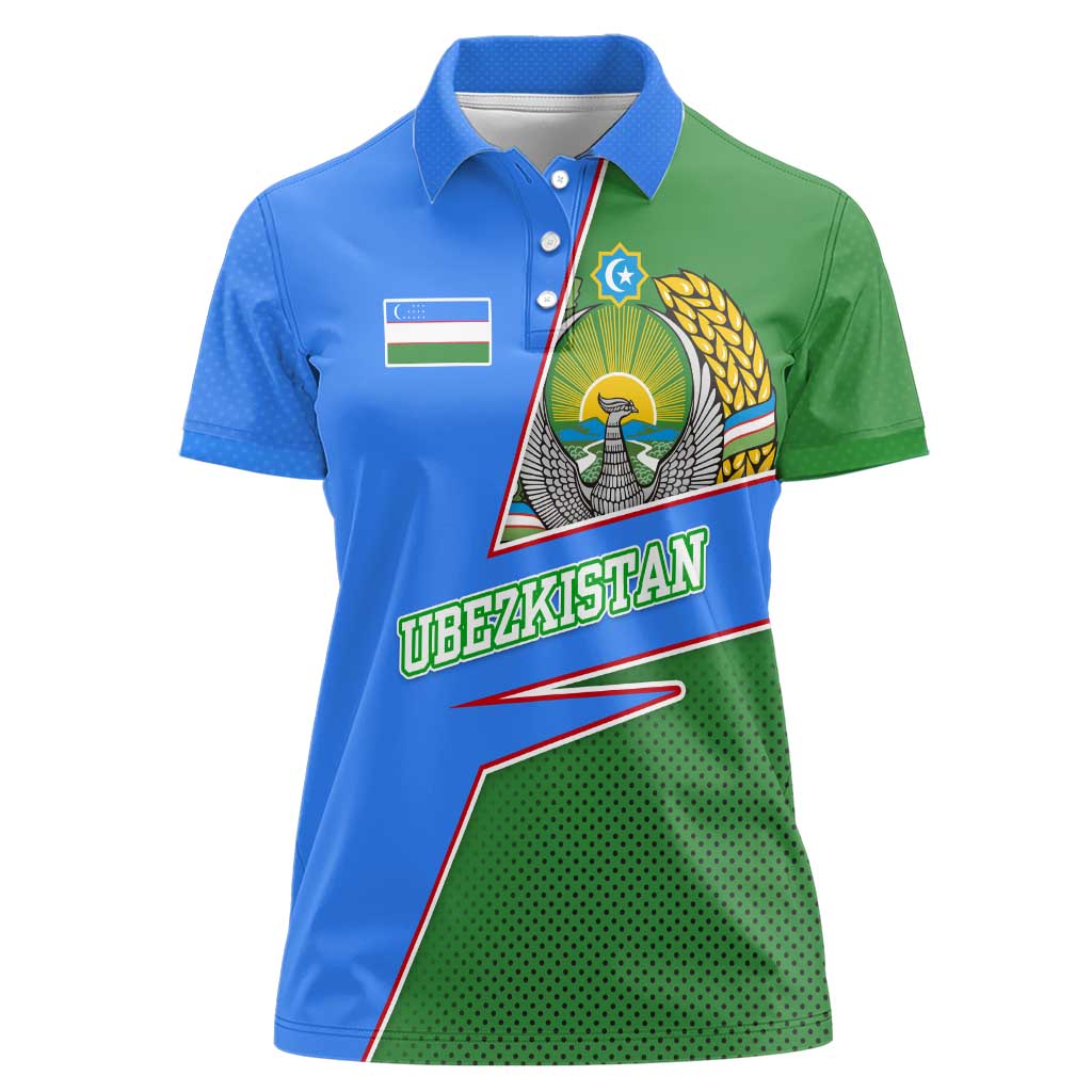 Uzbekistan Women Polo Shirt with National Coat of Arms and Modern Gradient Design - Wonder Print Shop