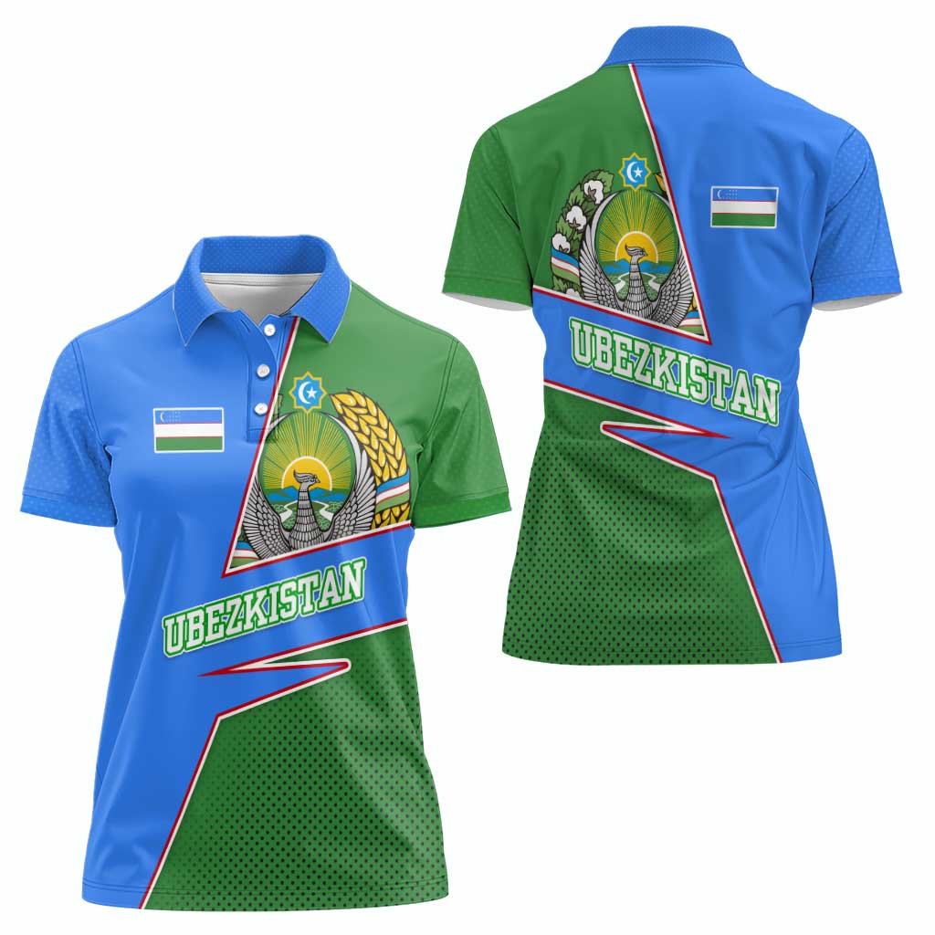 Uzbekistan Women Polo Shirt with National Coat of Arms and Modern Gradient Design - Wonder Print Shop