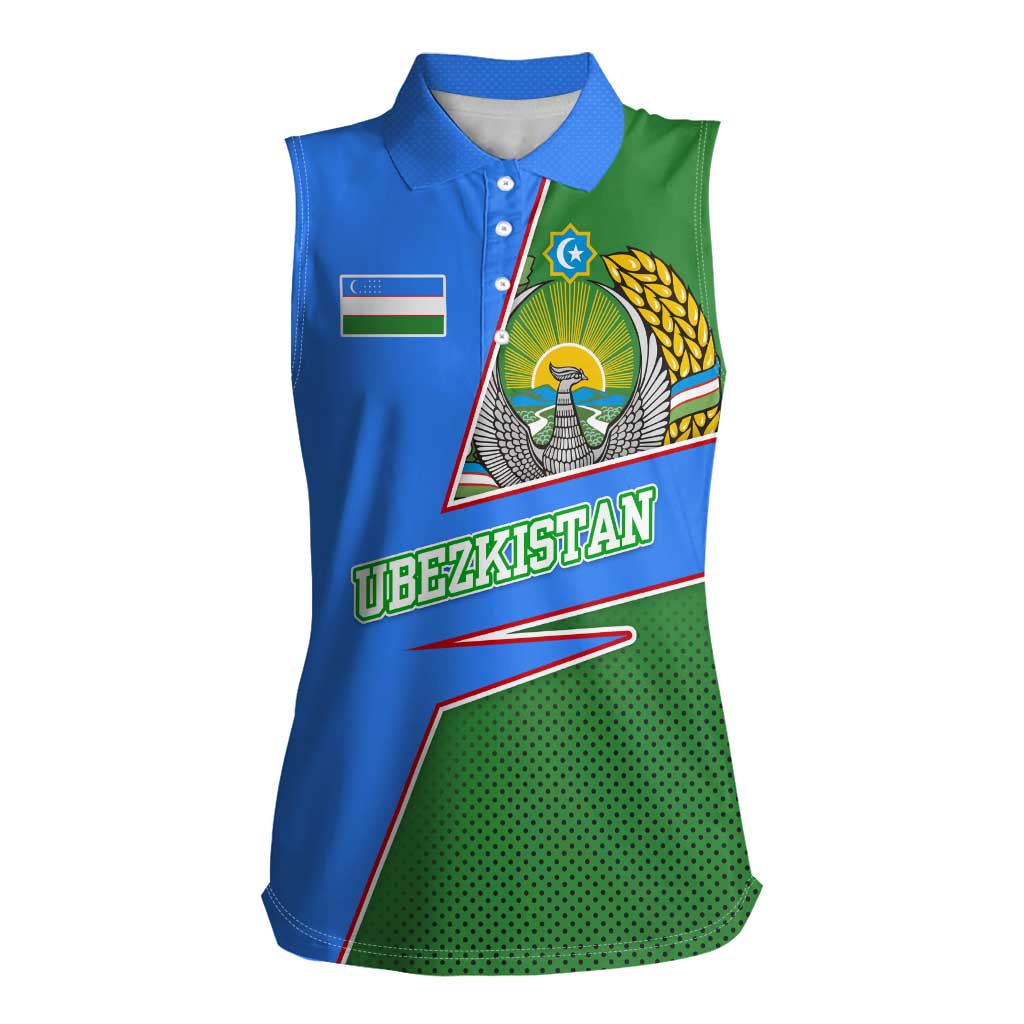 Uzbekistan Women Sleeveless Polo Shirt with National Coat of Arms and Modern Gradient Design - Wonder Print Shop