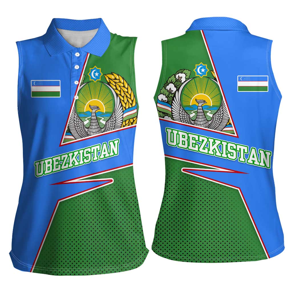 Uzbekistan Women Sleeveless Polo Shirt with National Coat of Arms and Modern Gradient Design - Wonder Print Shop