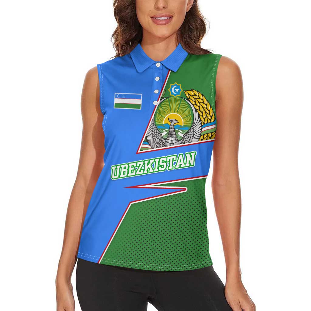 Uzbekistan Women Sleeveless Polo Shirt with National Coat of Arms and Modern Gradient Design - Wonder Print Shop