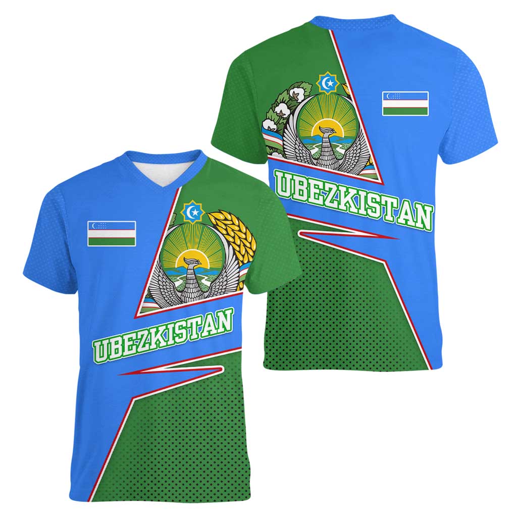Uzbekistan Women V-Neck T-Shirt with National Coat of Arms and Modern Gradient Design - Wonder Print Shop