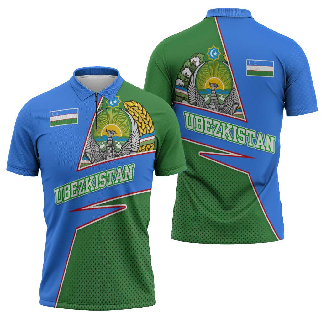 Uzbekistan Zipper Polo Shirt with National Coat of Arms and Modern Gradient Design - Wonder Print Shop