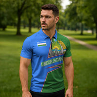 Uzbekistan Zipper Polo Shirt with National Coat of Arms and Modern Gradient Design - Wonder Print Shop