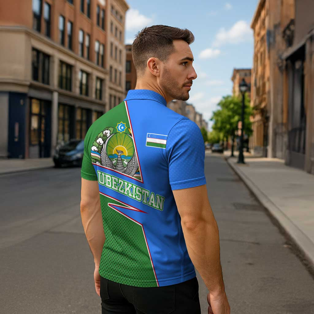 Uzbekistan Zipper Polo Shirt with National Coat of Arms and Modern Gradient Design - Wonder Print Shop