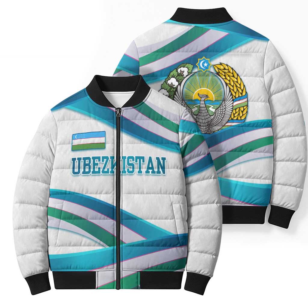 Uzbekistan Bomber Puffer Jacket with Ribbon Wave Design - Wonder Print Shop