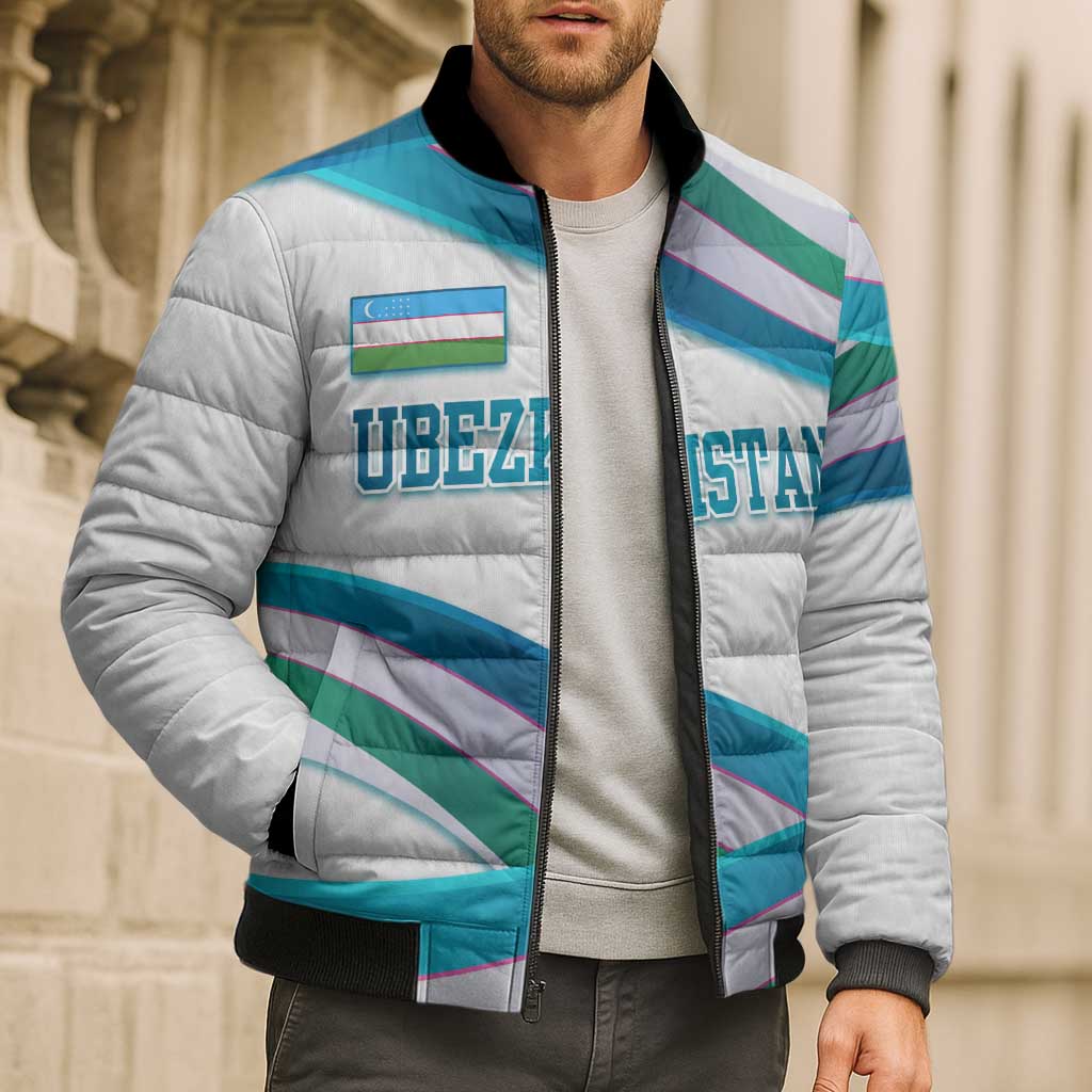 Uzbekistan Bomber Puffer Jacket with Ribbon Wave Design - Wonder Print Shop