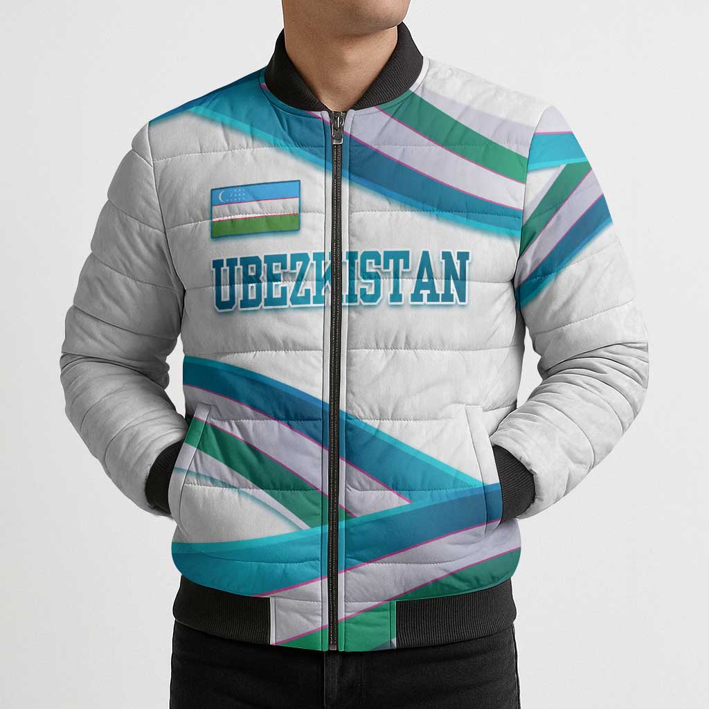 Uzbekistan Bomber Puffer Jacket with Ribbon Wave Design - Wonder Print Shop