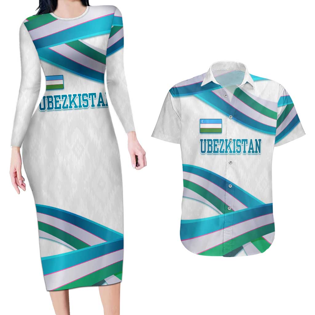 Uzbekistan Couples Matching Long Sleeve Bodycon Dress and Hawaiian Shirt with Ribbon Wave Design - Wonder Print Shop