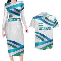 Uzbekistan Couples Matching Long Sleeve Bodycon Dress and Hawaiian Shirt with Ribbon Wave Design - Wonder Print Shop