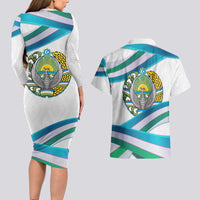 Uzbekistan Couples Matching Long Sleeve Bodycon Dress and Hawaiian Shirt with Ribbon Wave Design - Wonder Print Shop