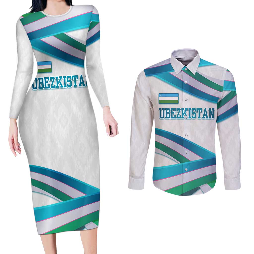 Uzbekistan Couples Matching Long Sleeve Bodycon Dress and Long Sleeve Button Shirt with Ribbon Wave Design - Wonder Print Shop