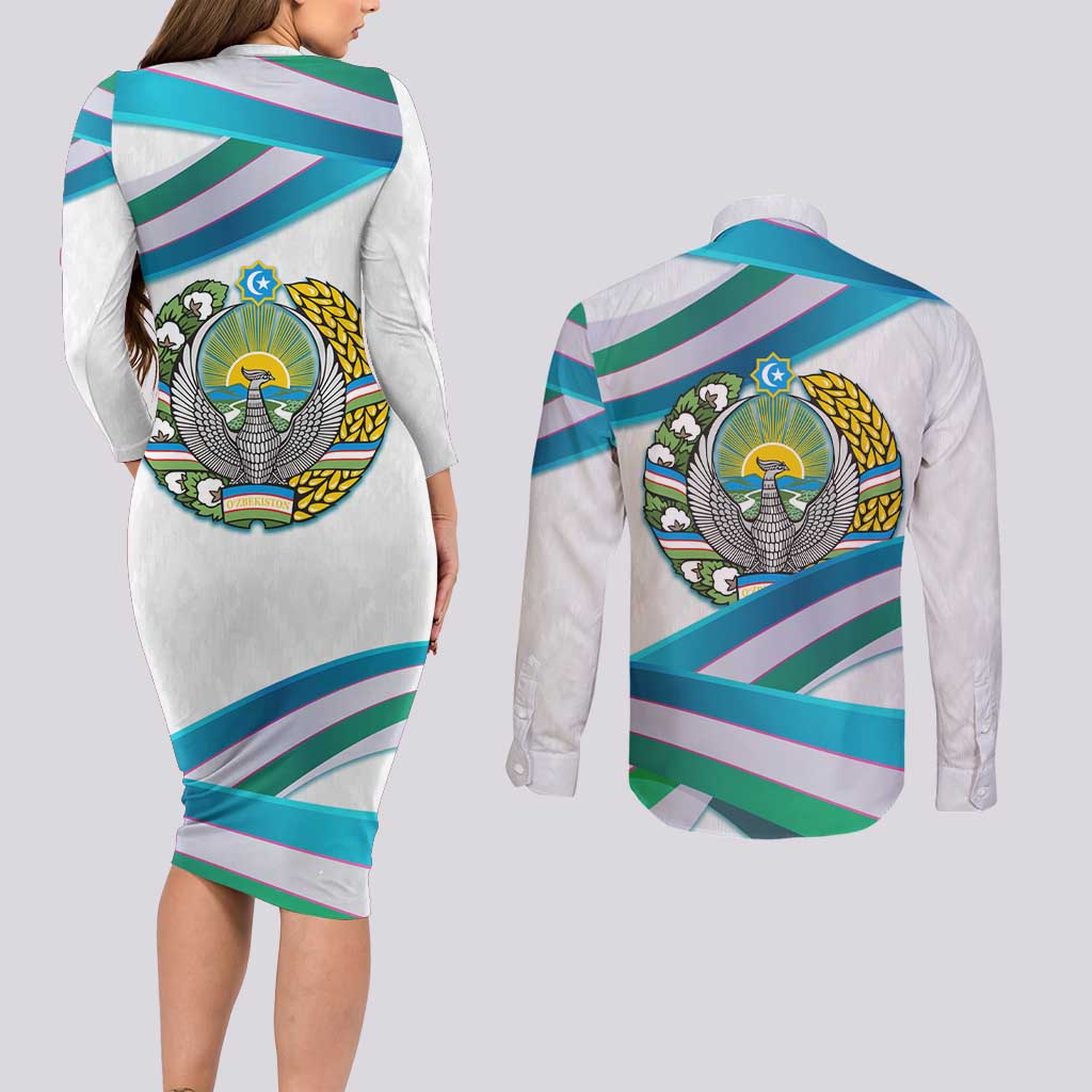 Uzbekistan Couples Matching Long Sleeve Bodycon Dress and Long Sleeve Button Shirt with Ribbon Wave Design - Wonder Print Shop