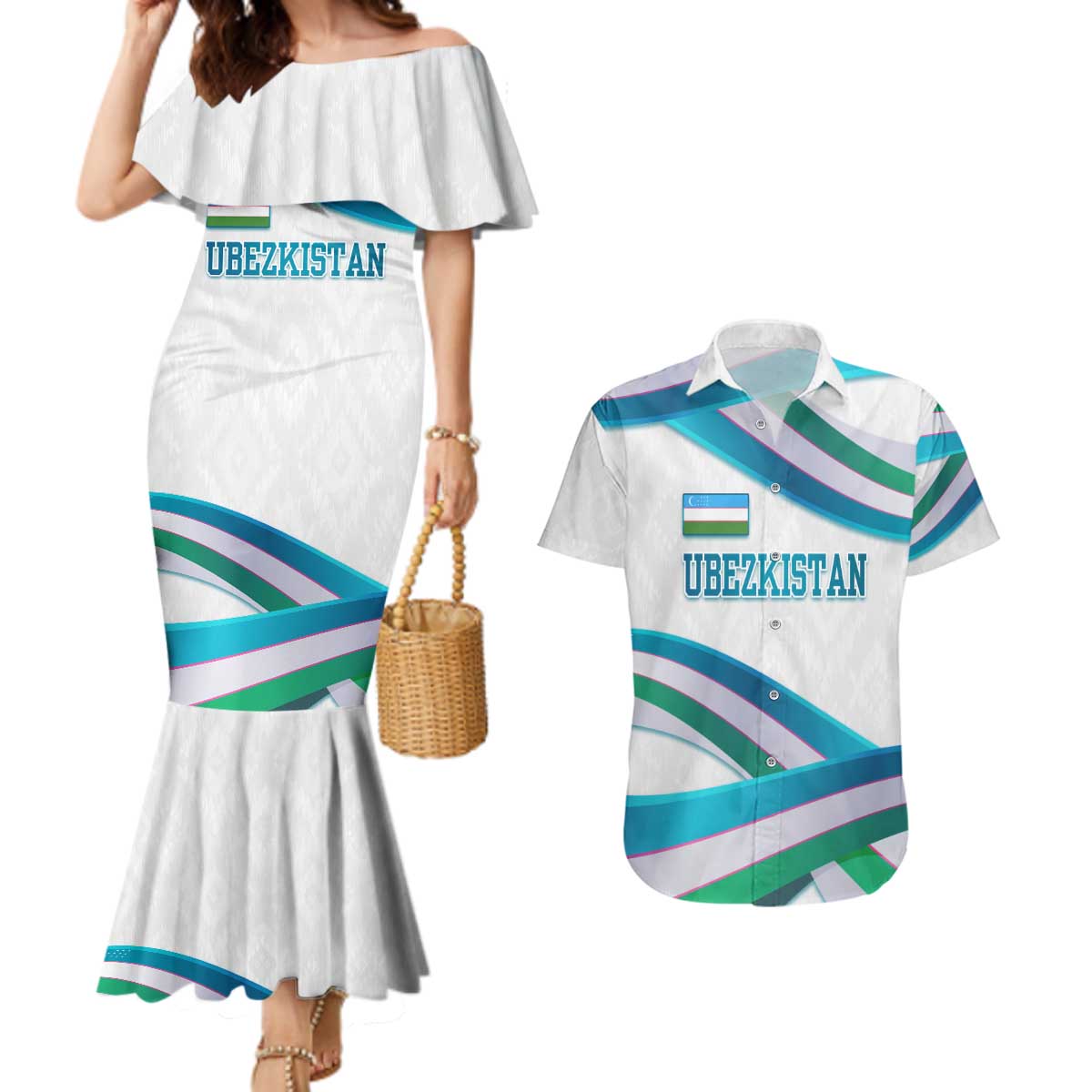 Uzbekistan Couples Matching Mermaid Dress and Hawaiian Shirt with Ribbon Wave Design - Wonder Print Shop